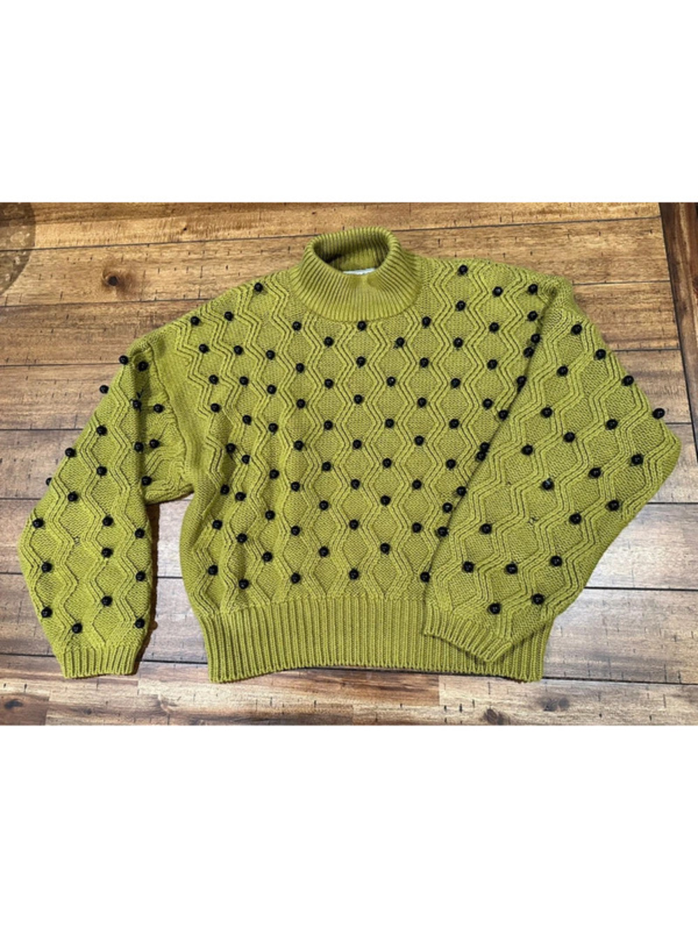 Vintage Richard Sport Chunky Knit Sweater Beaded Mock Neck Chartreuse Green L